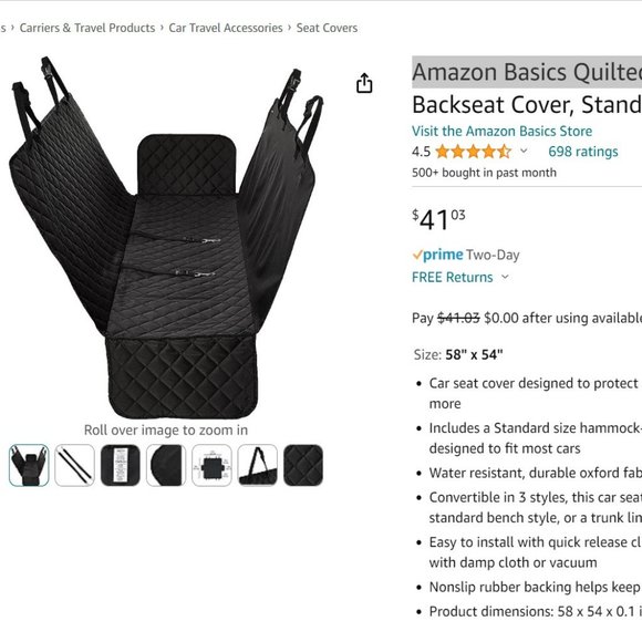 Amazon Basics Quilted Water Resistant Hammock Car Backseat Cover 58" x 54" NEW - Picture 1 of 4